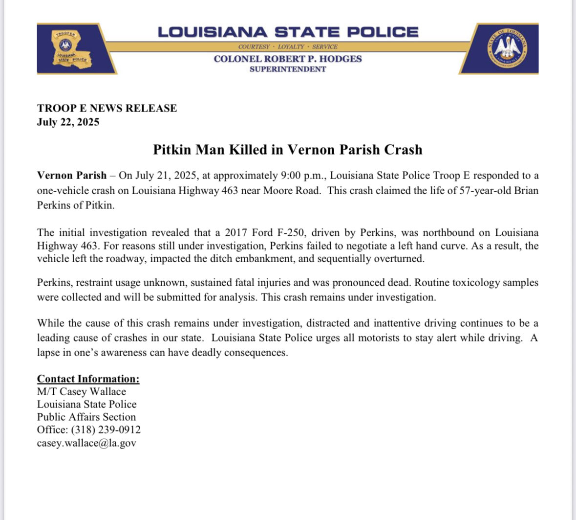 LAStatePolice's tweet image. Pitkin Man Killed in Vernon Parish Crash