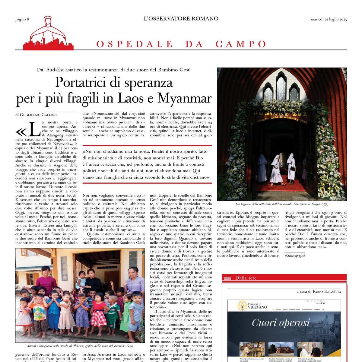 GuGallone's tweet image. "Noi non chiudiamo mai la porta. Perché il nostro spirito, fatto di missionarietà e di creatività, non morirà mai": oggi su @oss_romano racconto la storia di due suore del Bambino Gesù in Laos e Myanmar.
Portatrici di speranza in contesti difficilissimi.
osservatoreromano.va/it/news/2025-0…