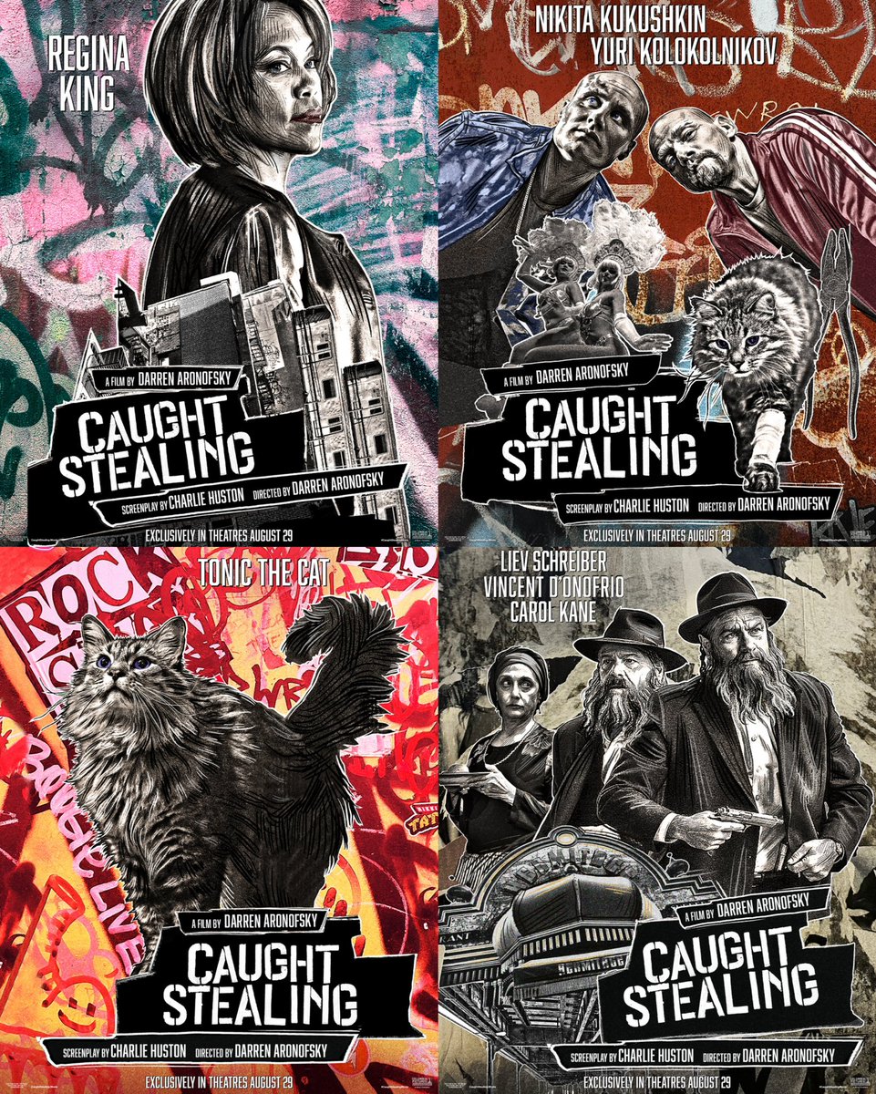 Cinemark's tweet image. NEW Character Posters for Darren Aronofsky’s #CaughtStealingMovie
In theatres August 29.
Poster artwork by SWOON