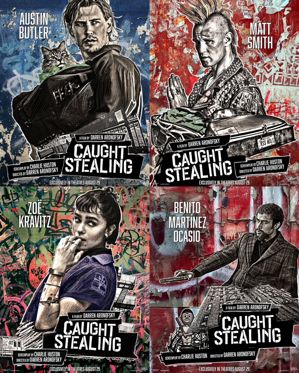Cinemark's tweet image. NEW Character Posters for Darren Aronofsky’s #CaughtStealingMovie
In theatres August 29.
Poster artwork by SWOON