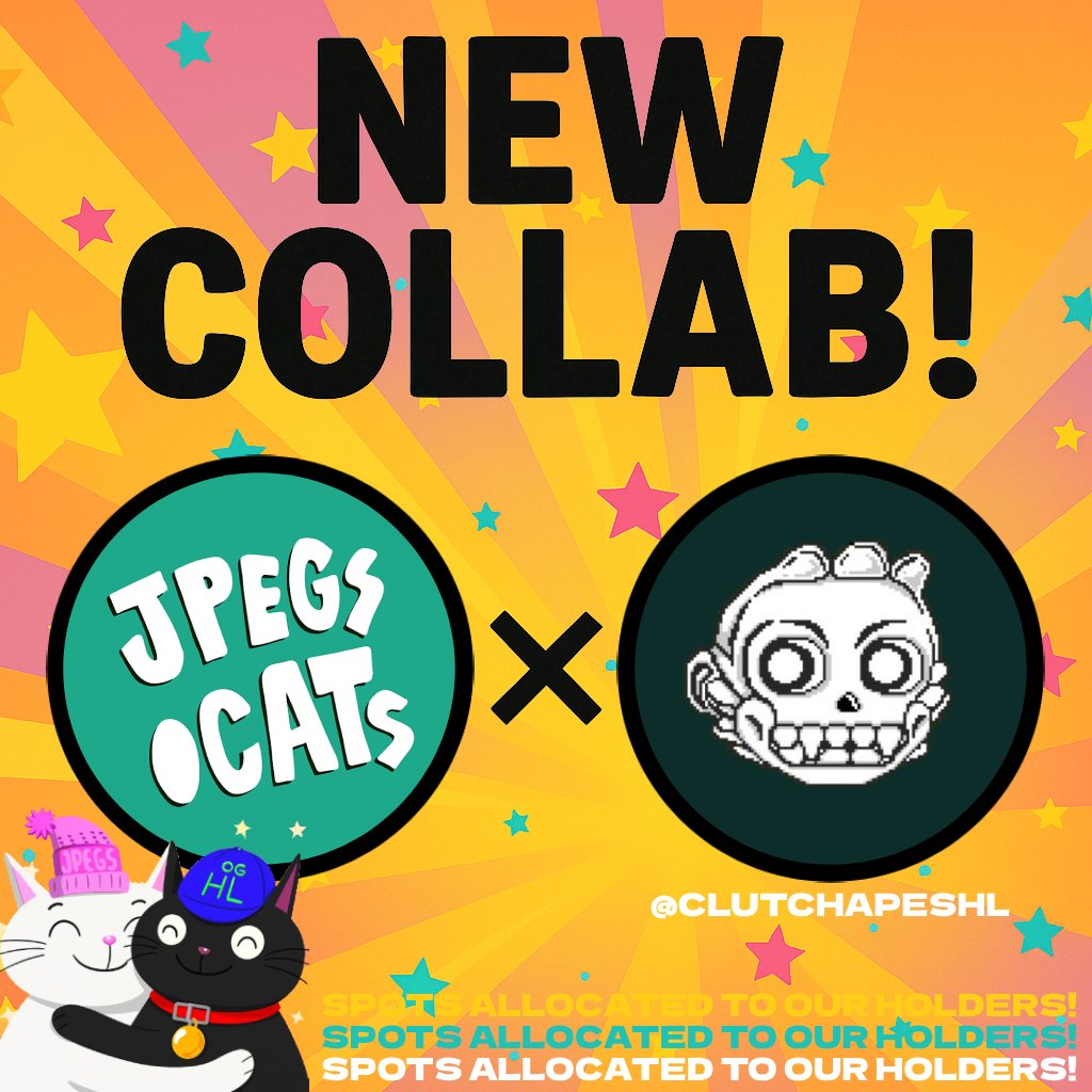 jpegs.cats (@jpegsdotcats) on Twitter photo NEW COLLAB! 😼
jpegs.cats x <a href="/ClutchApesHL/">Clutch Apes</a>
Giving out 3X GTD SPOTS on this post.
Like, RT and Drop your Hyper EVM address.
More spots allocated to our holders in the Cat Crib!
Join our Discord to participate in more! 😽 NEW COLLAB! 😼
jpegs.cats x <a href="/ClutchApesHL/">Clutch Apes</a>
Giving out 3X GTD SPOTS on this post.
Like, RT and Drop your Hyper EVM address.
More spots allocated to our holders in the Cat Crib!
Join our Discord to participate in more! 😽