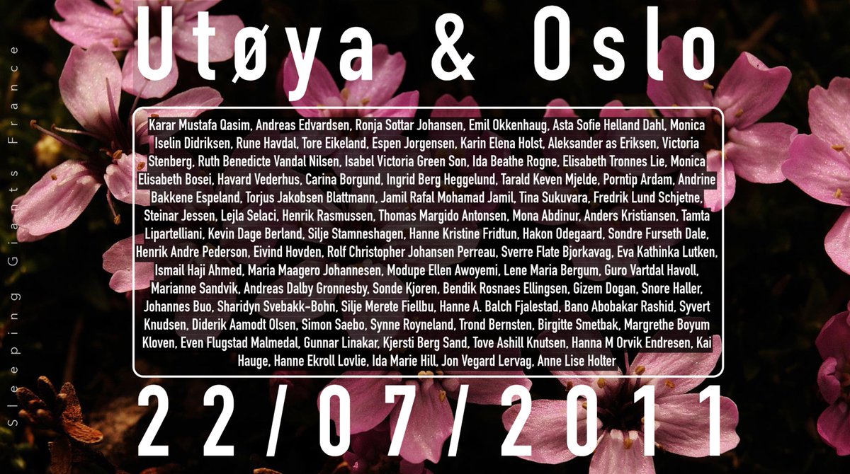 #Utøya #Oslo 

Le terroriste d'extrême-droite a tué, au nom du suprémacisme blanc, contre "le grand remplacement".

#DevoirDeMémoire
Pensées pour les 77 victimes 🕯️
Soutien aux 320 survivants et leurs proches 🤲