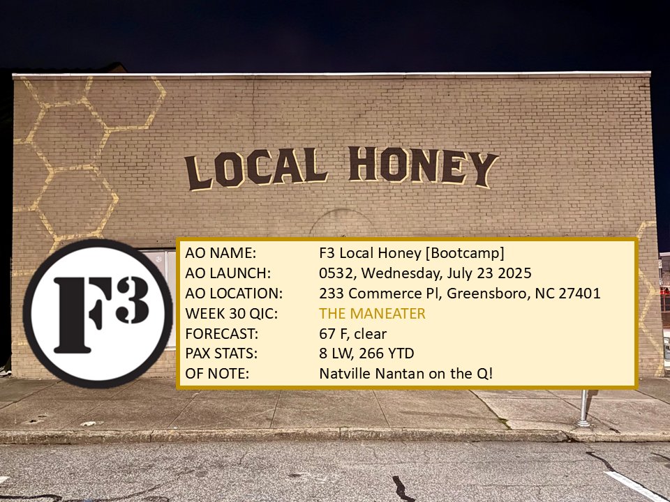 🚨RED ALERT🚨We've got a Nantan on the Q tomorrow at Local Honey! Notable dignitary <a href="/RobbyEatman/">Robby Eatman (F3 Maneater)</a> will lead us in a bootcamp where we will do 3 things- show up, do work, get better. SYITG <a href="/F3Greensboro/">F3 Greensboro</a>