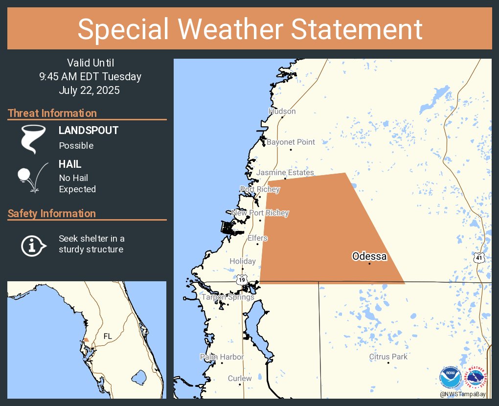 NWSTampaBay's tweet image. A special weather statement has been issued for Odessa FL until 9:45 AM EDT