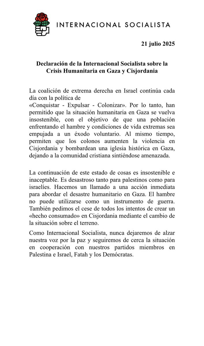 Soc_Intl's tweet image. Socialist International Statement on the Humanitarian Crisis in Gaza
and West Bank
Declaración de la Internacional Socialista sobre la
Crisis Humanitaria en Gaza y Cisjordania
Déclaration de l’Internationale Socialiste sur la CriseHumanitaire à Gaza et en Cisjordanie