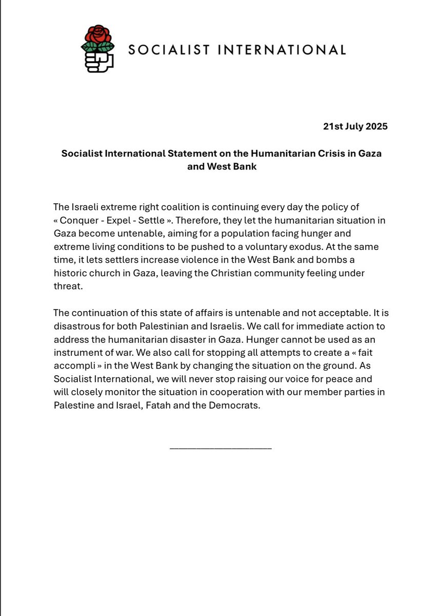 Soc_Intl's tweet image. Socialist International Statement on the Humanitarian Crisis in Gaza
and West Bank
Declaración de la Internacional Socialista sobre la
Crisis Humanitaria en Gaza y Cisjordania
Déclaration de l’Internationale Socialiste sur la CriseHumanitaire à Gaza et en Cisjordanie