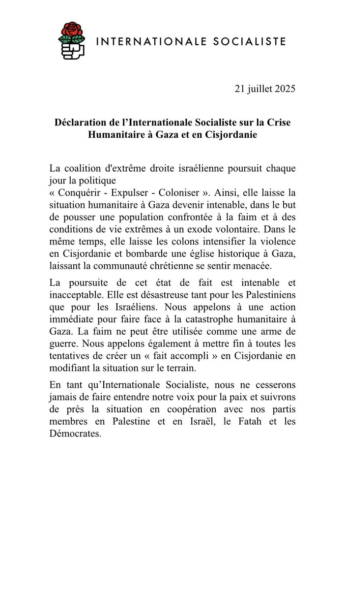 Soc_Intl's tweet image. Socialist International Statement on the Humanitarian Crisis in Gaza
and West Bank
Declaración de la Internacional Socialista sobre la
Crisis Humanitaria en Gaza y Cisjordania
Déclaration de l’Internationale Socialiste sur la CriseHumanitaire à Gaza et en Cisjordanie
