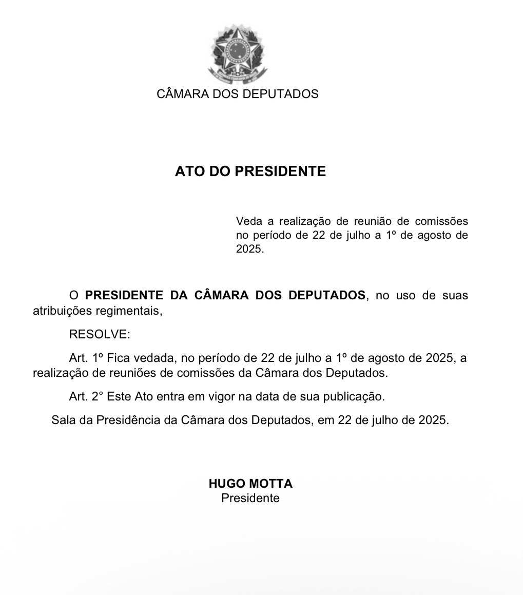 bcppolitica's tweet image. 🚨 ACABOU O CIRCO | Hugo Motta manda desmontar a lona, desfazer o picadeiro e DESAUTORIZA circo do PL na Câmara dos Deputados, PROIBINDO a realização de sessões das comissões no recesso parlamentar.
O partido de Bolsonaro tentava forçar a realização de algumas comissões.