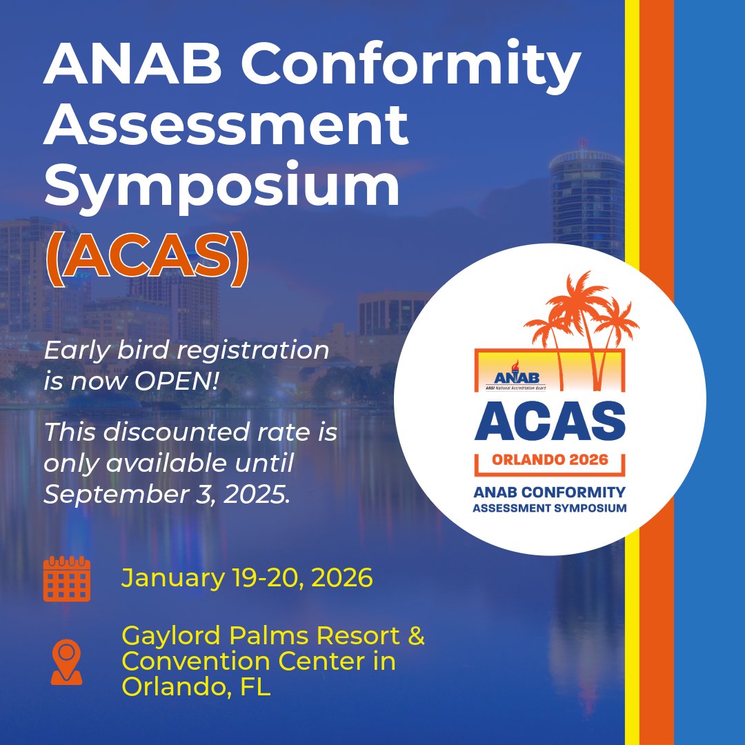 ANSI (@ansidotorg) on Twitter photo Take advantage of early bird pricing and secure your spot at the 2026 <a href="/ANAB_ACCREDIT/">ANAB Accreditation</a> Conformity Assessment Symposium (ACAS)—happening January 19–20, 2026, in Orlando, Florida. Join conformity assessment professionals, industry experts, and ANAB leaders for two days of valuable Take advantage of early bird pricing and secure your spot at the 2026 <a href="/ANAB_ACCREDIT/">ANAB Accreditation</a> Conformity Assessment Symposium (ACAS)—happening January 19–20, 2026, in Orlando, Florida. Join conformity assessment professionals, industry experts, and ANAB leaders for two days of valuable