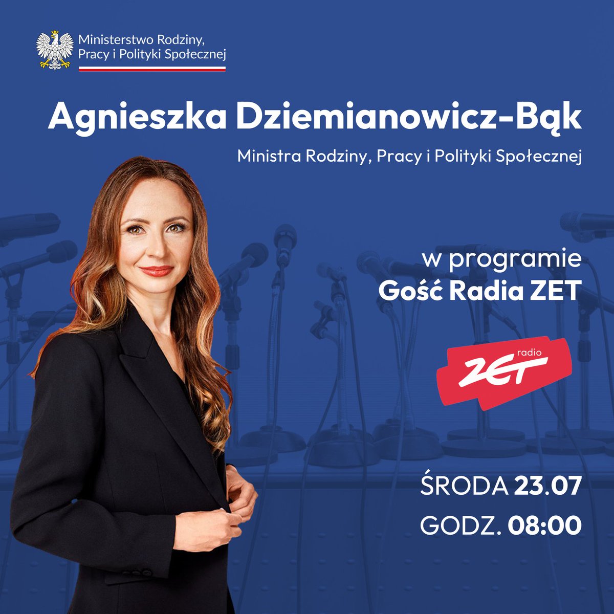 MRPiPS_GOV__PL's tweet image. 🎙️ Ministra @AgaBak będzie jutro o godzinie 8:00 gościnią programu @Gosc_RadiaZET w @Radio_ZET.