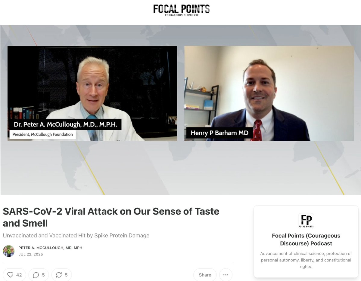 McCulloughFund's tweet image. SARS-CoV-2 Viral Attack on Our Sense of Taste and Smell
Unvaccinated and Vaccinated Hit by Spike Protein Damage
thefocalpoints.com/p/sars-cov-2-v…
#MFScholar