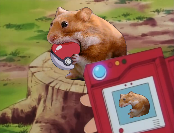 名前 — ノムノム
 ハムスターポケモン 🐹
 説明 —
なんでも食べてしまう習性がある。
インターネット上では、このハムスターの価値は数十億にのぼるとも言われている。💰