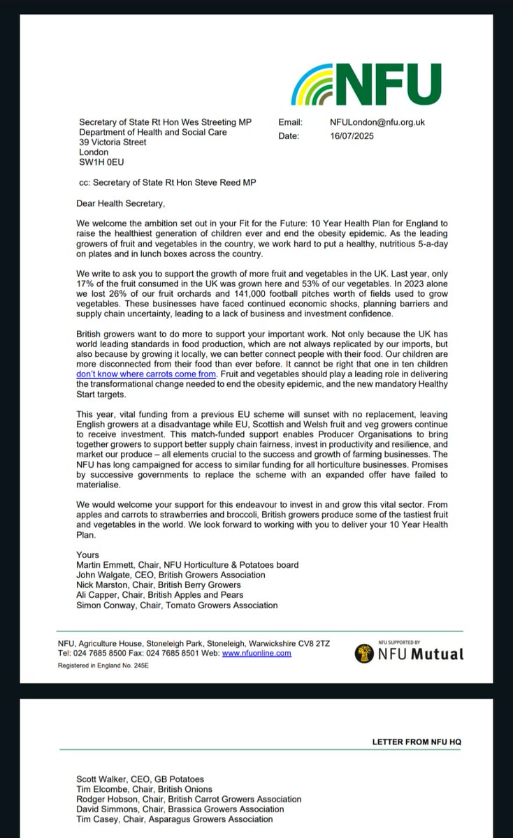 We’re proud to be a co-signatory to this NFU-led letter to the Secretary of State for Health and Social Care, urging greater support for British fruit and veg growers. 🍏🥦

With only 17% of fruit eaten in the UK actually grown here, the need for action is urgent. Recently