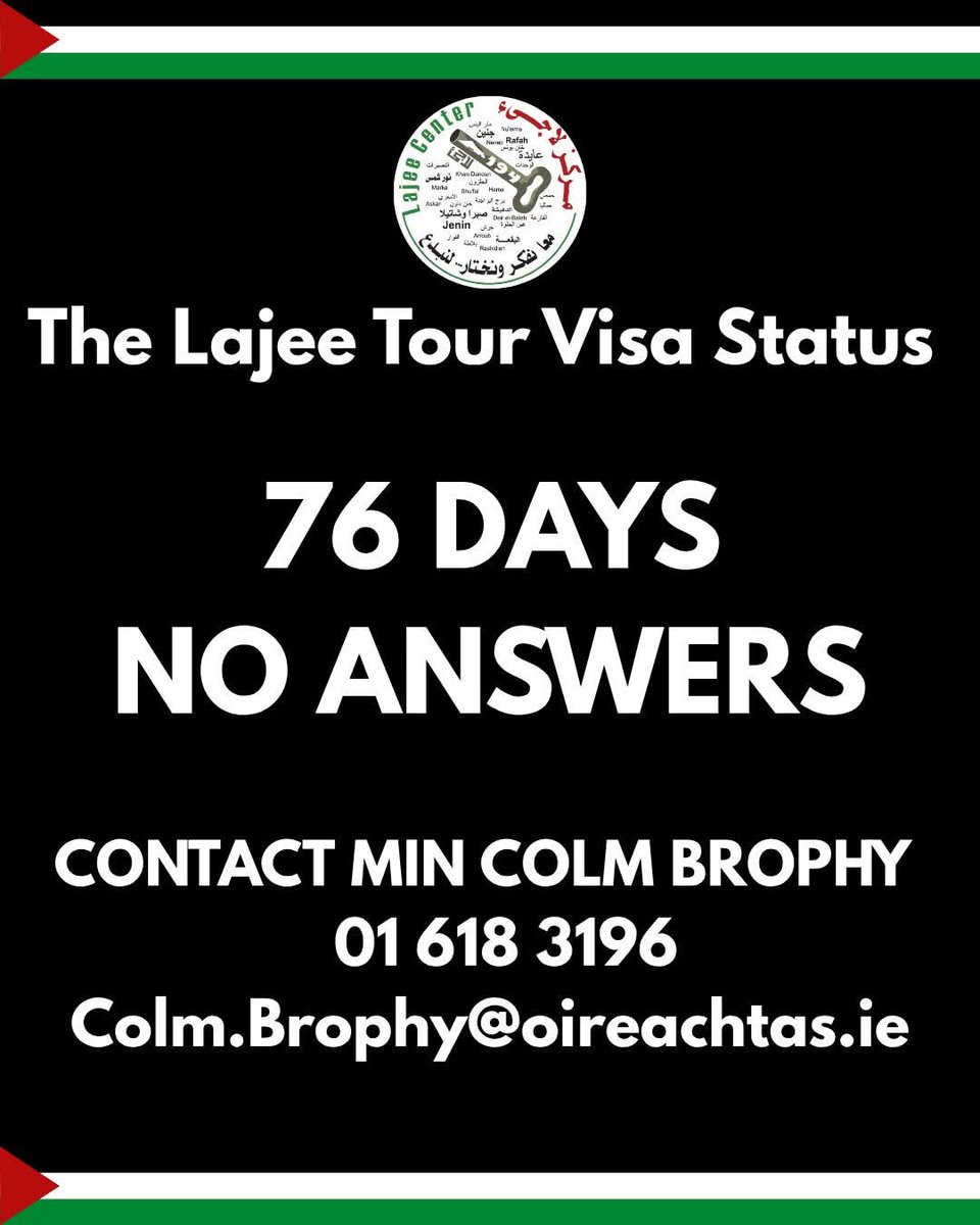 ciarantierney's tweet image. A group of #Palestinian dancers have been left in limbo by the Irish authorities for 76 days.
Not only are their people experiencing genocide in #Gaza, they are being denied a trip of a lifetime by @DeptJusticeIRL
A disgrace, following the denial of visas to @GAA_Palestine 🇵🇸