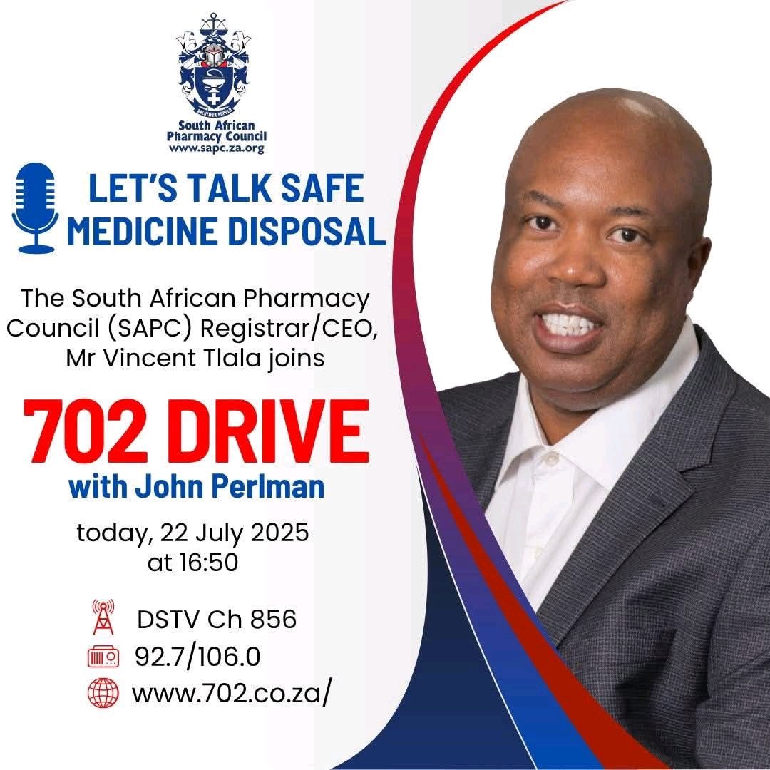 HealthZA's tweet image. Tune in to 702 Drive with John Perlman today, 22 July 2025 at 16:50 as SA Pharmacy Council (SAPC) Registrar/CEO, Mr Vincent Tlala discusses how to dispose of medicines safely and responsibly.
📻 92.7 FM / 106 FM
📺 DStv: Ch 856
📡 Live stream: 702.co.za