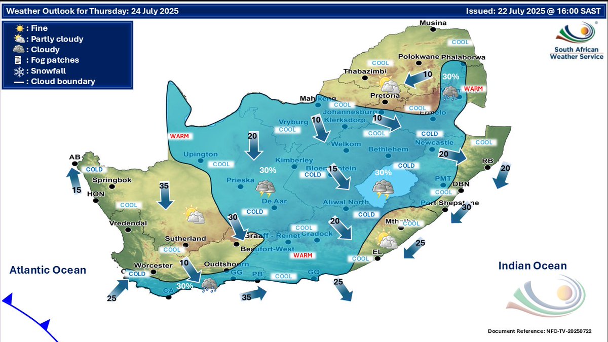 SAWeatherServic's tweet image. Weather outlook for Thursday & Friday, 24 - 25 July 2025.
Partly cloudy & cold to cool, with isolated showers & thundershowers expected over the central & eastern parts of the country.
#saws #weatheroutlook #southafricanweather