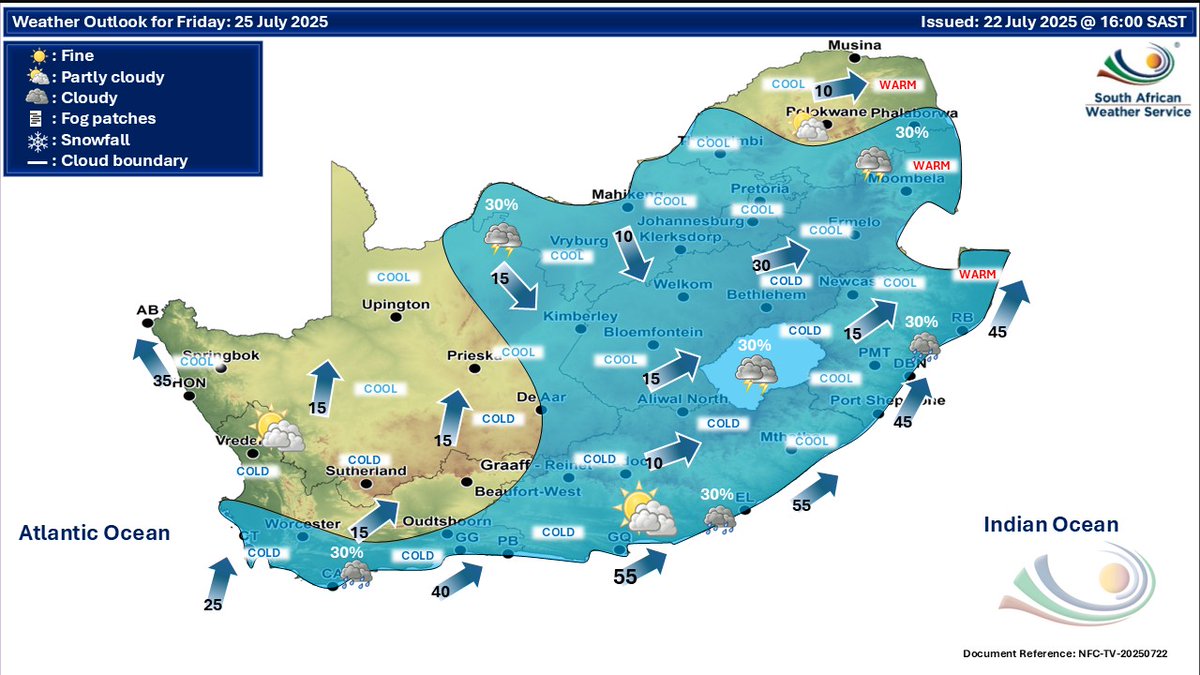 SAWeatherServic's tweet image. Weather outlook for Thursday & Friday, 24 - 25 July 2025.
Partly cloudy & cold to cool, with isolated showers & thundershowers expected over the central & eastern parts of the country.
#saws #weatheroutlook #southafricanweather