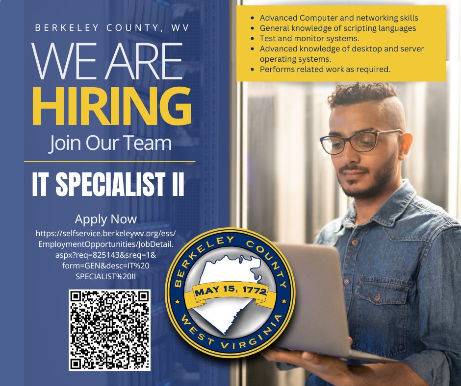 WVBerkeleyCC's tweet image. Are you skilled in computer and networking technologies?  

Berkeley County is seeking an IT Specialist!  

Don&apos;t miss this opportunity—apply today:  
selfservice.berkeleywv.org/ess/Employment…

#ITJobs #TechCareers #NetworkingProfessionals