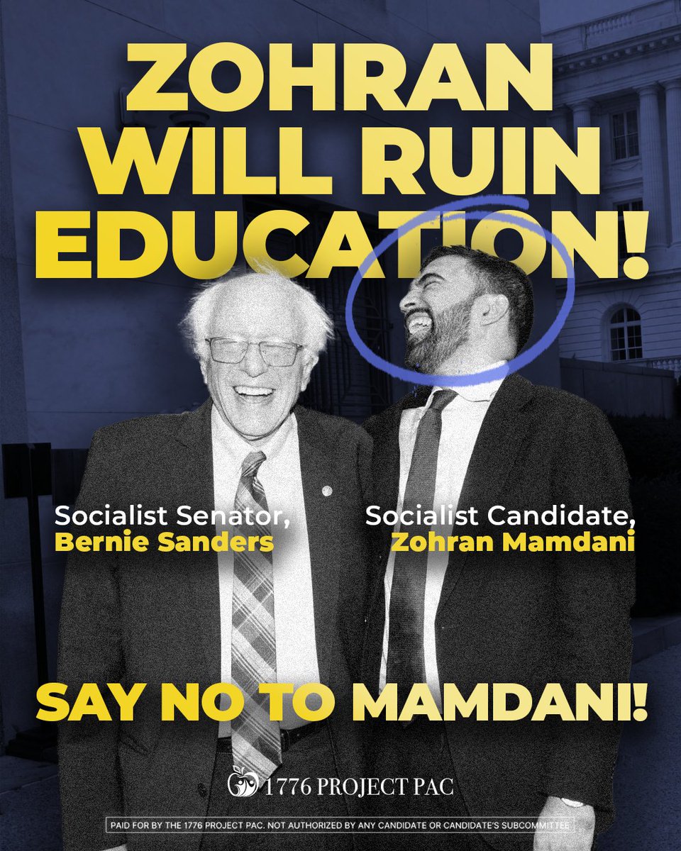 1776ProjectPac's tweet image. If Zohran Mamdani wins with Bernie Sanders’ support, NYC schools will see less focus on academics, more political agendas in classrooms, unions strengthened and parents sidelined!!! Our kids deserve better than ideology over education!!!