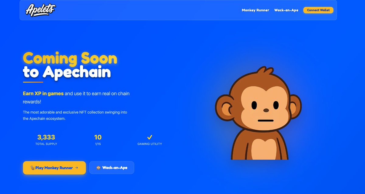 ApeletsNFT's tweet image. π¨ 2 Games. 1 Goal: WL Spots!
Get ready for Monkey Runner πββοΈ & Wack-An-Ape π¨ β the ultimate pre-mint challenge!
β
Compete in BOTH games
β
Climb the leaderboard
β
Win exclusive WL spots for our upcoming mint
Are you fast enough?
π Play now: apelets.fun