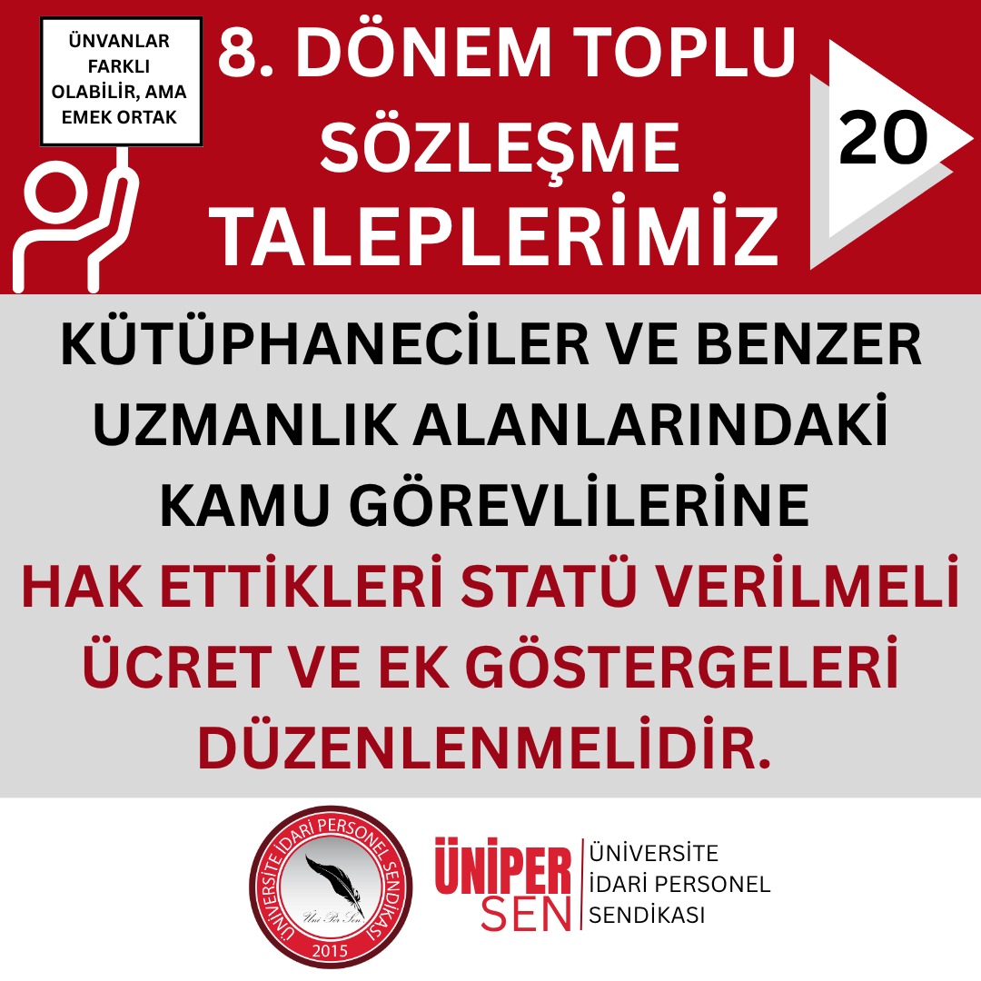📌 TOPLU SÖZLEŞME TALEBİMİZ – 20

KÜTÜPHANECİLER VE BENZER UZMANLIK ALANLARINDAKİ KAMU GÖREVLİLERİ ARTIK GÖRMEZDEN GELİNEMEZ!

Bilgiye erişimin, kültürel mirasın korunmasının ve kurumsal hafızanın gelecek nesillere aktarılmasının yükünü omuzlayan; yıllardır büyük bir özveriyle