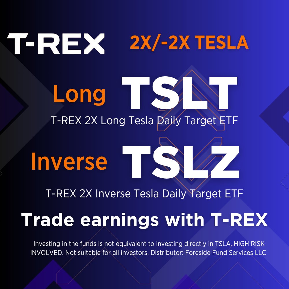 REXShares's tweet image. $TSLA earnings tomorrow📅
Earnings per share est.: $0.40 (-23% YoY)
Revenue est.: $22.61B (-12% YoY)
Earnings can move markets, be ready to trade $TSLA in either direction with 2x daily ETFs from T-REX.
• $TSLT – 2x Daily Long
• $TSLZ – 2x Daily Inverse
Fund details:…