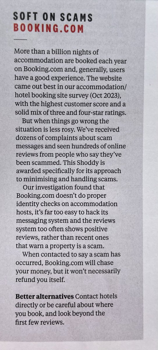 MichaelLCrick's tweet image. It's a delight when someone you know wins an award - and deservedly so. In this case it's Booking.com which has just won a Shoddy award for being "soft on scams" in the Which?
magazine annual awards for shoddy service.