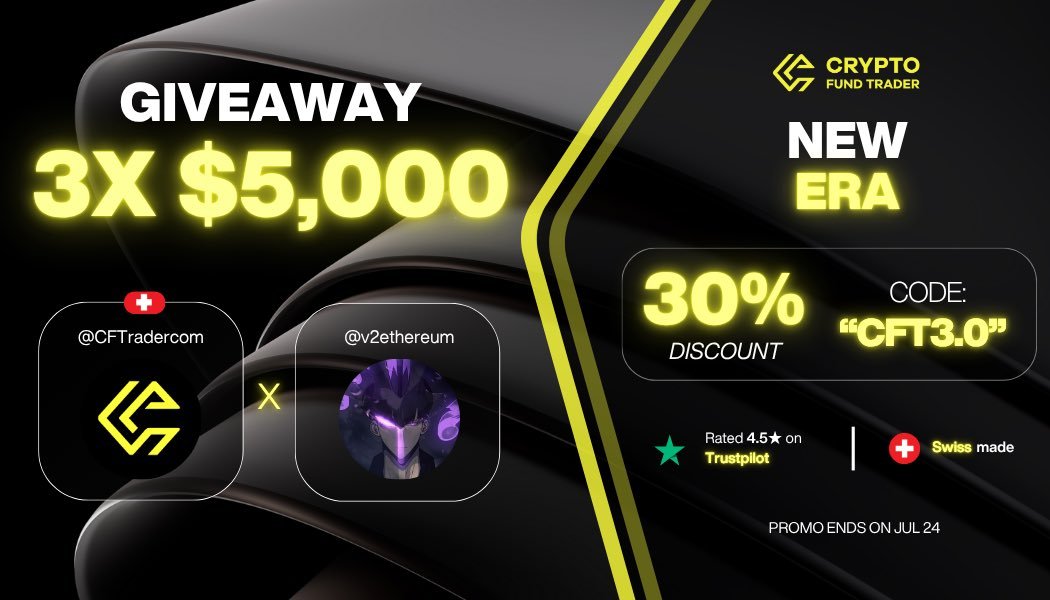 V² (@v2ethereum) on Twitter photo 🔥 3 X $5000 Giveaway 🔥
⚡️ Follow <a href="/CFTradercom/">Crypto Fund Trader</a> , <a href="/CFTradercomES/">Crypto Fund Trader Español</a> and <a href="/v2ethereum/">V²</a>
⚡️ Like / RT
⚡️ Tag your friends
Winners will be announced in 72 hours.
Good Luck 💫 🔥 3 X $5000 Giveaway 🔥
⚡️ Follow <a href="/CFTradercom/">Crypto Fund Trader</a> , <a href="/CFTradercomES/">Crypto Fund Trader Español</a> and <a href="/v2ethereum/">V²</a>
⚡️ Like / RT
⚡️ Tag your friends
Winners will be announced in 72 hours.
Good Luck 💫