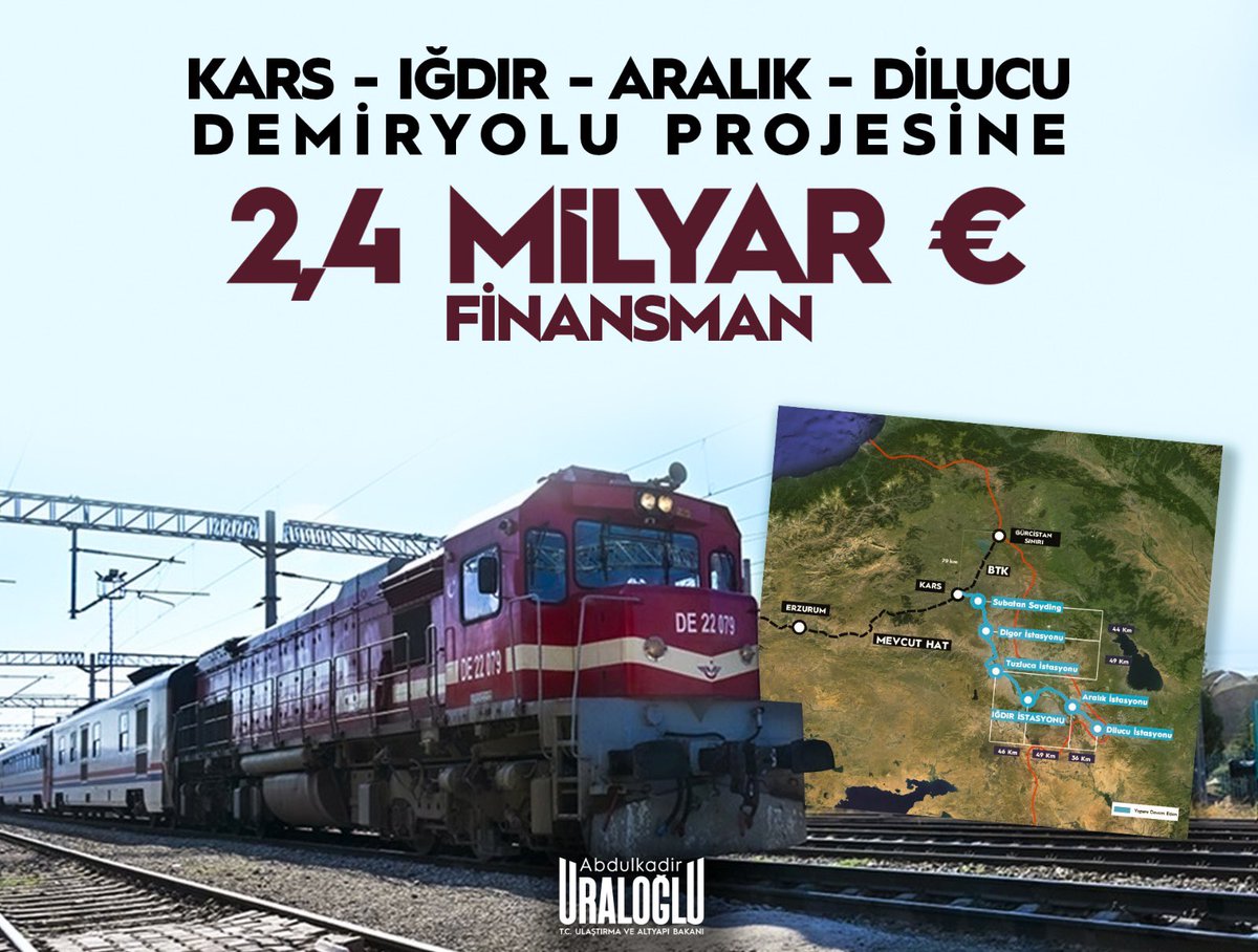 🚆 Türkiye’nin Doğusunu Asya’ya Bağlayacak Stratejik Bir Adım Daha!

🏔️Türkiye ile Nahçıvan arasında demir yolu bağlantısı kuracak Kars-Iğdır-Aralık-Dilucu Demir Yolu Projesi

Hazine ve Maliye Bakanlığımızın yürüttüğü çalışmalarla bu önemli proje için 2,4 milyar avroluk dış