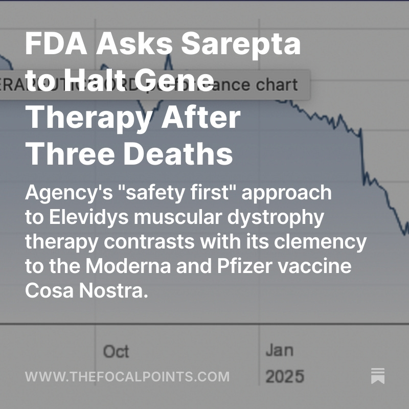 McCulloughFund's tweet image. FDA Asks Sarepta to Halt Gene Therapy After Three Deaths
Agency's "safety first" approach to Elevidys muscular dystrophy therapy contrasts with its clemency to the Moderna and Pfizer vaccine Cosa Nostra.
What is happening to Sarepta is evidence that companies such as Moderna…