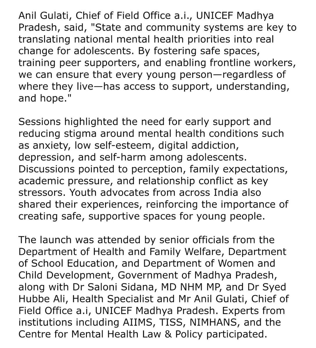 "To strengthen the support for growing mental health needs of young people, the Ministry of Health and Family Welfare (MoHFW), in collaboration with UNICEF and the National Institute of Mental Health and Neurosciences (NIMHANS), released a national fact sheet on adolescent and