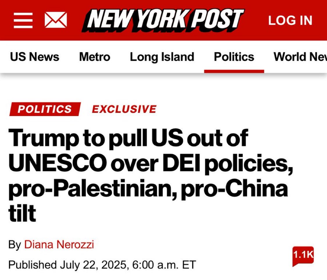 ProudElephantUS's tweet image. 🚨 JUST IN: The Trump Administration is pulling the U.S. out of the United Nations Educational, Scientific and Cultural Organization (UNESCO) over its far-left DEI rules and pro-China, pro-Palestine tilt.
