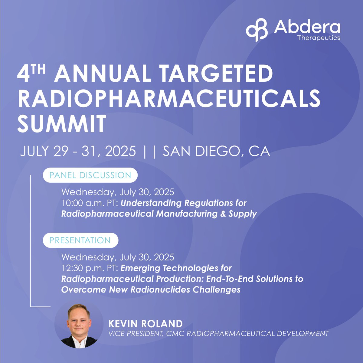 Abdera VP of CMC Radiopharmaceutical Development Kevin Roland is headed to the 4th #TRPSummit2025 next week! He’ll share insights on regulatory strategy and the tech driving scalable, sustainable production of next-gen #radiotherapeutics for solid tumors. We're proud to be