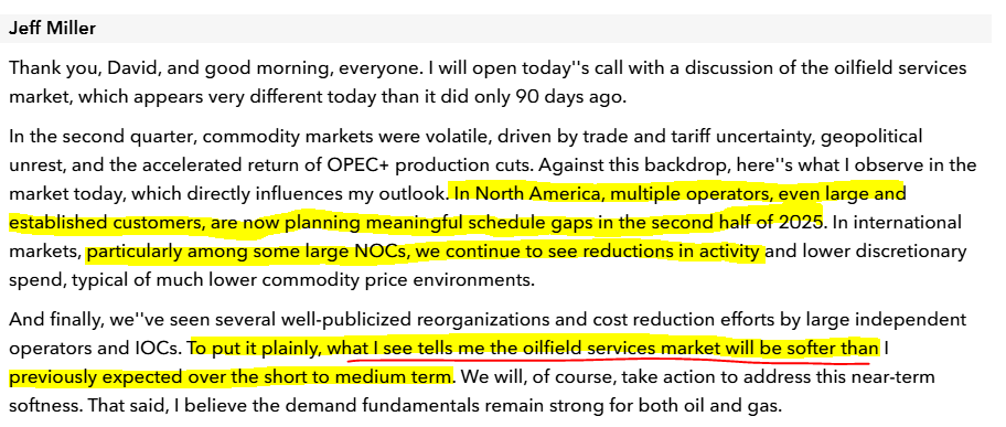 JavierBlas's tweet image. OIL MARKET: Halliburton, the world's largest oil fracking service company, says it sees "softer" market than it had expected 90 days ago.
It notes lower drilling and completion in North America, plus a reduction in activity by national oil companies globally | #OOTT