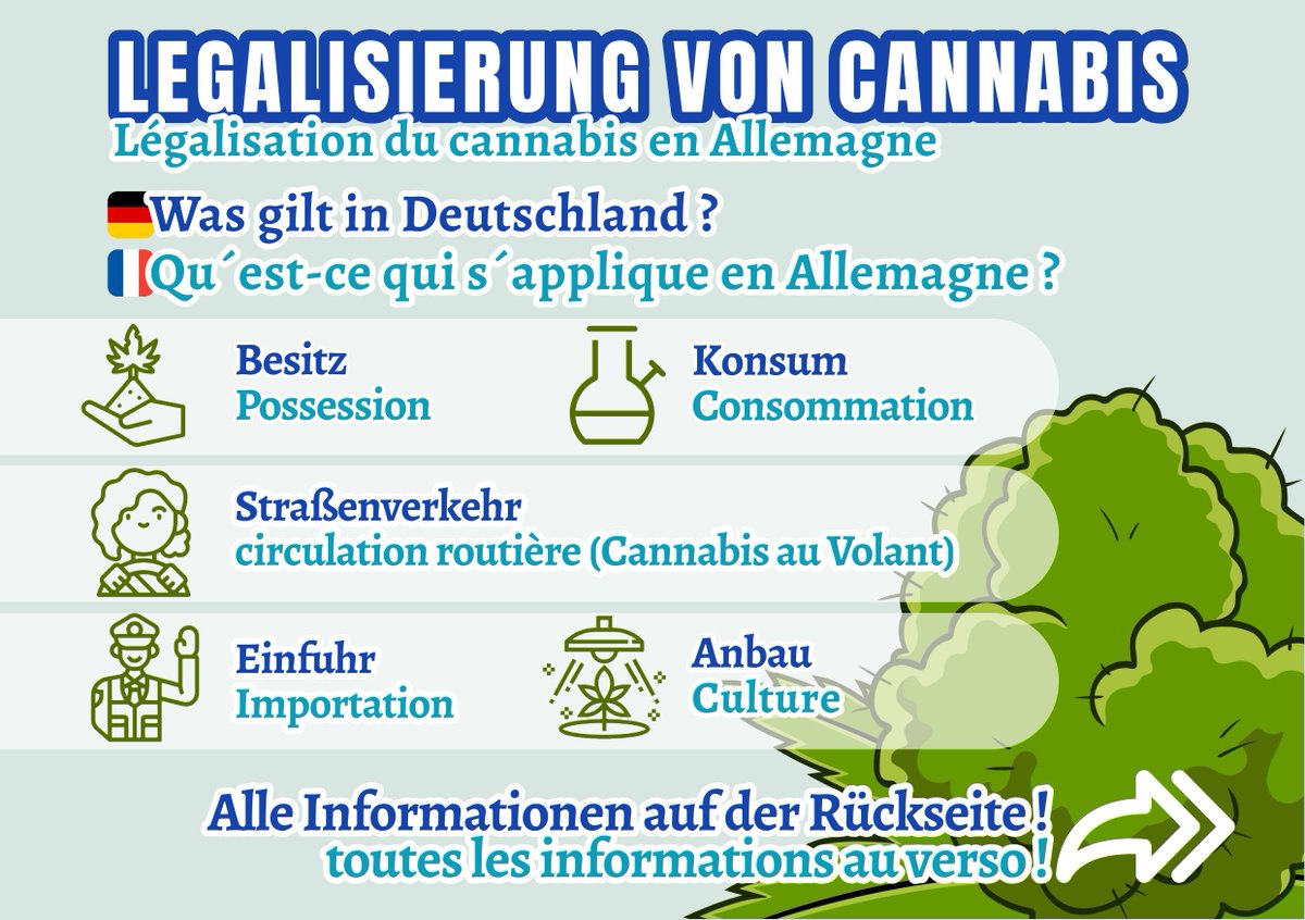 PoliceNat67's tweet image. Rappel sur la législation du cannabis mis en œuvre par notre pays voisin :
🇩🇪 Depuis avril 2024, l’Allemagne a légalisé partiellement le cannabis :
✅ 25g autorisés en public
🏠 50g à domicile + 3 plants/personne
🌿 Clubs de culture autorisés depuis juillet
Merci au @CCPD Kehl