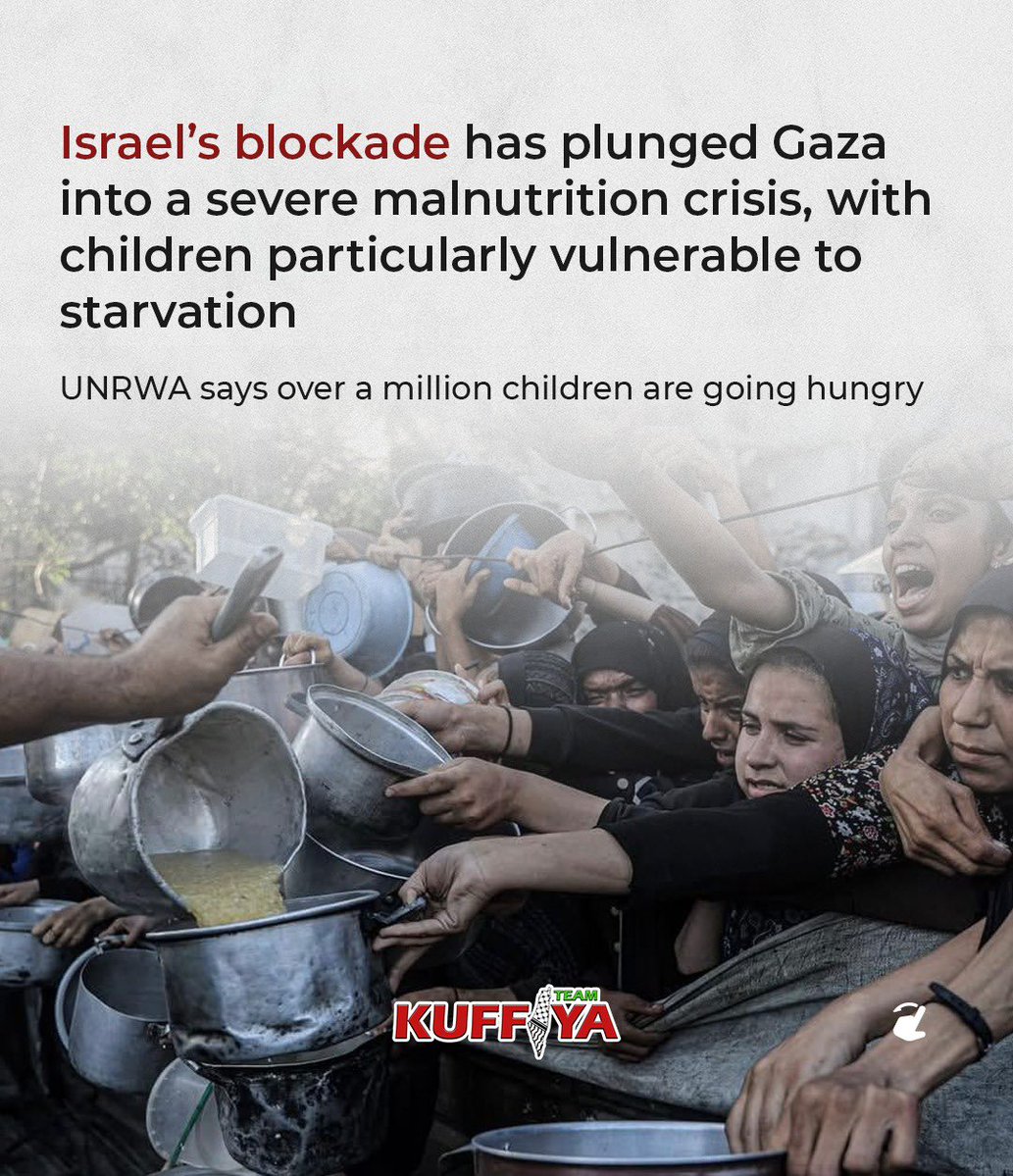 Kuffiyateam's tweet image. Israel’s blockade of Gaza has plunged the Strip into a severe malnutrition crisis, with children particularly vulnerable to starvation. #GazaIsStarving