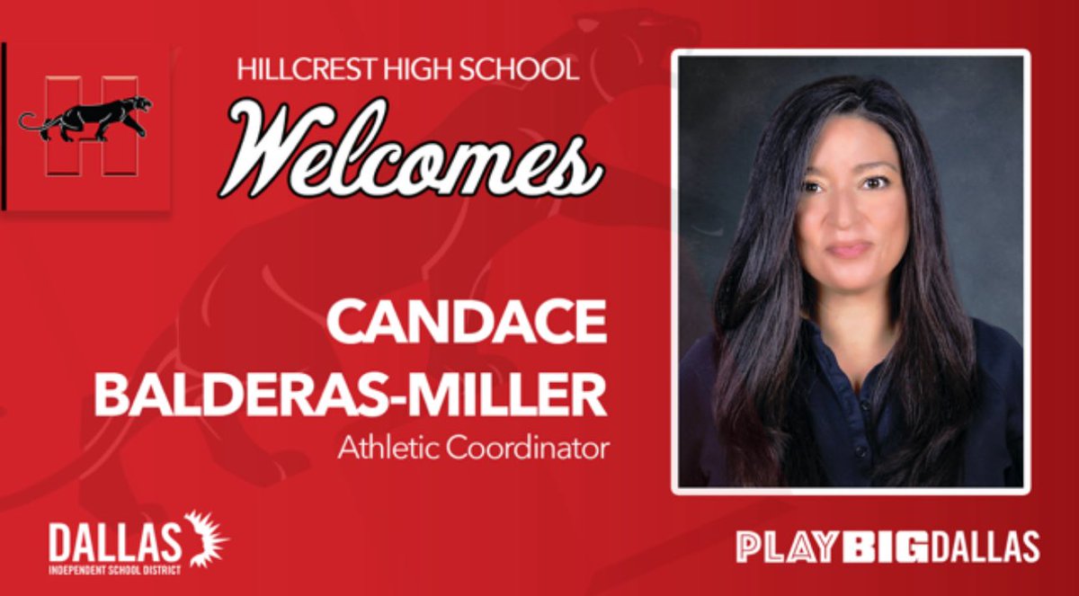PanthersHHS's tweet image. 📢Hillcrest is proud to welcome the newest member of our family,Candace Balderas-Miller, as our Athletic Coordinator, making her the only female campus athletic coordinator in Dallas ISD. Welcome home Coach! 🐾❤️ @dallasathletics @dallasschools #welcomeback #dallasisd