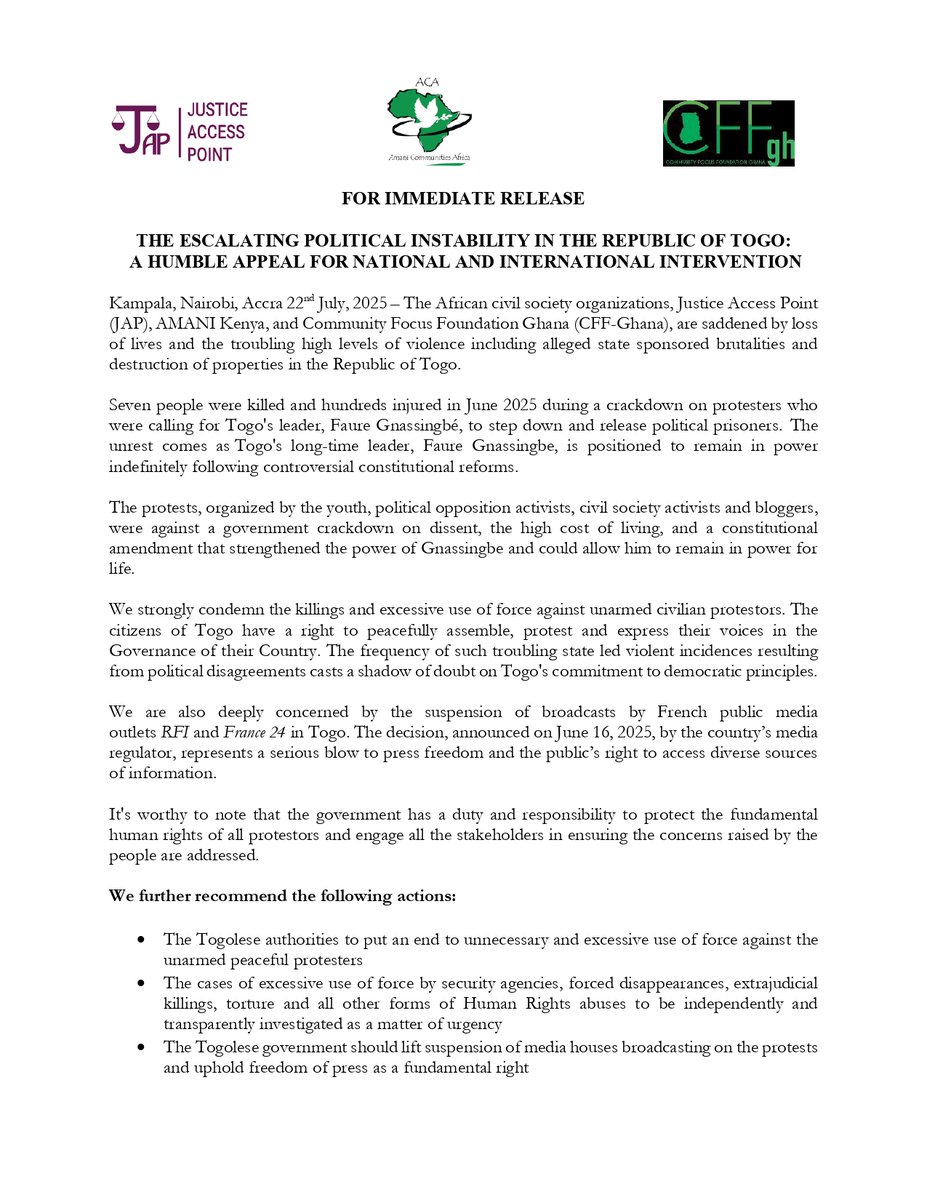 JusticessP's tweet image. THE ESCALATING POLITICAL INSTABILITY IN THE REPUBLIC OF TOGO : Click this link for more details jap.or.ug/wp-content/upl…