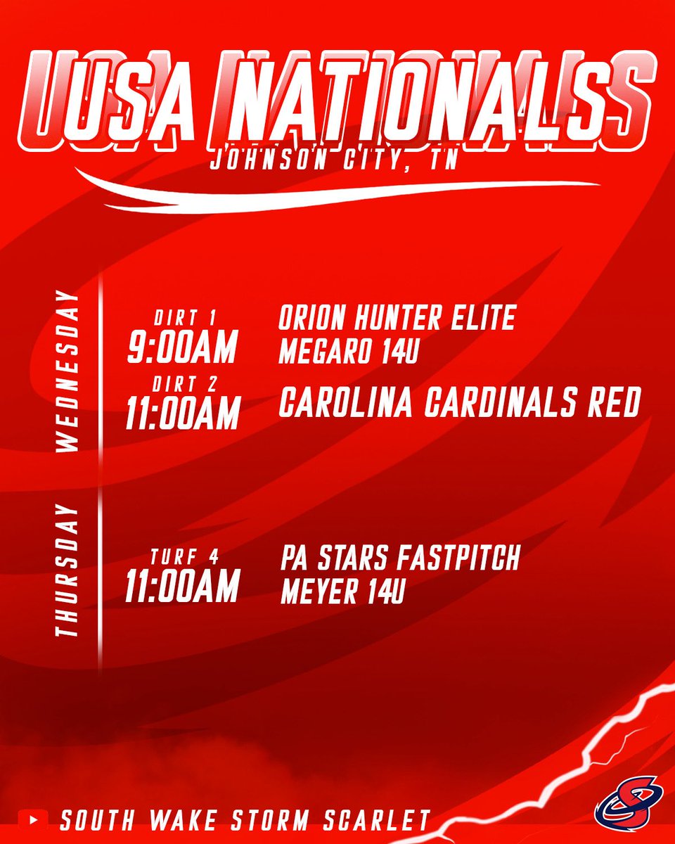 SWS Scarlet is COMPETING at USA Nationals this week in Johnson City, Tennessee!!! First pitch is at 9am tomorrow 👏👏 Tune in at youtube.com/@swstormnavy  🎥🎥