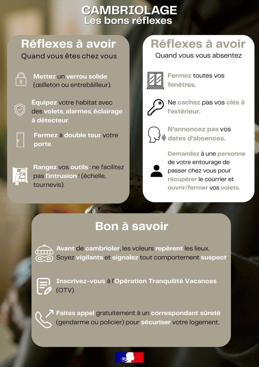 #Prévention  |  Ne laissez pas les cambrioleurs s’inviter chez vous ! 
Adoptez les bons réflexes et sécurisez votre logement en quelques gestes simples.
Prévention, vigilance et équipement : découvrez nos conseils pratiques pour protéger votre habitat