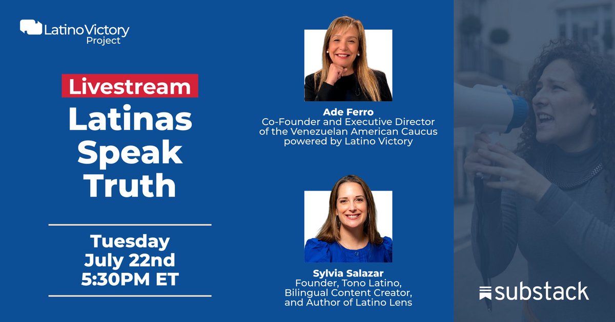 Latino Victory (@latinovictoryus) on Twitter photo Happening today at 5:30 PM ET 👉 Live Substack conversation with <a href="/adeferr/">Ade Ferro 🟧 🌻</a> and Sylvia Salazar. Talking Latino power, media, and shaping our political future.
Join us: substack.com/@latinovictory…
#LatinoVictory #LatinoPower #RepresentationMatters Happening today at 5:30 PM ET 👉 Live Substack conversation with <a href="/adeferr/">Ade Ferro 🟧 🌻</a> and Sylvia Salazar. Talking Latino power, media, and shaping our political future.
Join us: substack.com/@latinovictory…
#LatinoVictory #LatinoPower #RepresentationMatters