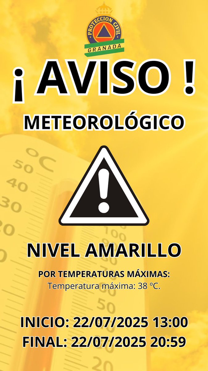 🟡⚠️#FMA⚠️🟡
Aviso por temperaturas máximas. Riesgo: 
🟨 Nivel AMARILLO 

📅 Martes 22 de julio
🕐 De 13:00 a 20:59
🌡️ Temperatura máxima: 38 ºC.

Recuerda:

💧 Mantente bien hidratado 🚰
👴👦 Vigila a las personas mayores y a los peques. 
👕 Usa ropa ligera y de colores claros👒