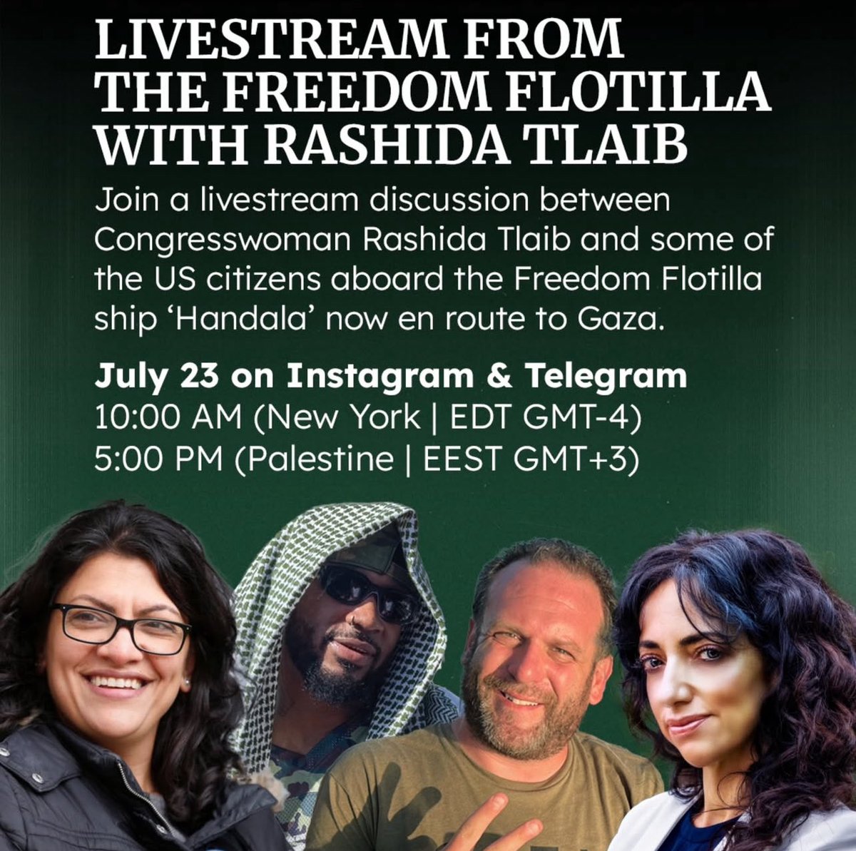 Shut_downAmazon's tweet image. Tommorrow join us live from the all eyes on the #Handala U.S. Congresswoman @RashidaTlaib @GazaFFlotilla 🇵🇸✊🏽
7 Americans 🇺🇸 onboard