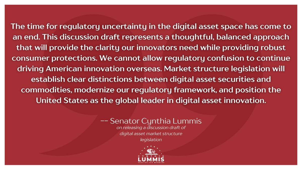 SenLummis's tweet image. Today, @SenatorTimScott, @berniemoreno, @SenatorHagerty and I led our colleagues in releasing the discussion draft for market structure legislation that will serve as the foundation for making the U.S. the crypto capital of the world.