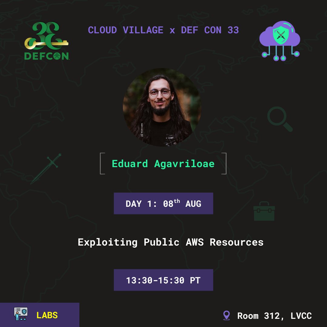cloudvillage_dc's tweet image. 🛠️ Ready to break into cloud… without creds? Join Eduard Agavriloae at Cloud Village Labs @DEFCON 33 for: “Exploiting Public AWS Resources” ☁️🔓 💥 Misconfigs, AWS abuse & guided hands-on hacking 🗓️ Aug 8 | 🕝 1:30–3:30 PM PT 📍 Room 311, LVCC 🔗 forms.gle/pukvJvj5xoprwL……