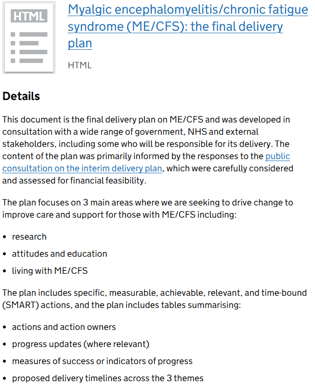 TomKindlon's tweet image. The plan is finally online:
"ME/CFS: the final delivery plan.
The final delivery plan on myalgic encephalomyelitis/chronic fatigue syndrome (ME/CFS), focusing on 3 main areas to improve care and support for those with ME/CFS"
gov.uk/government/pub…
#MEcfs #CFS