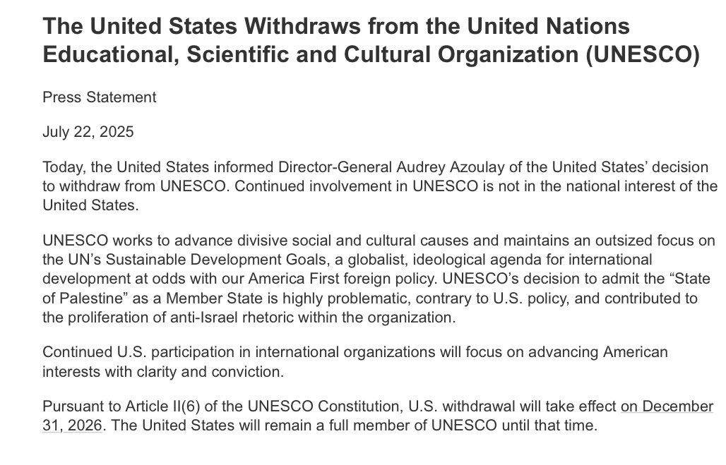 prem_thakker's tweet image. New: The United States says it will leave the United Nations Educational, Scientific and Cultural Organization (UNESCO) — citing its activity like focusing on sustainability & letting Palestine be a member state (which “contributed to the proliferation of anti-Israel rhetoric”)