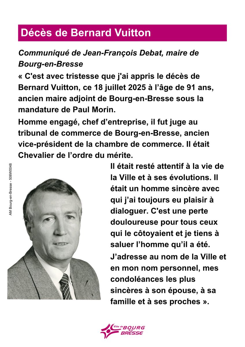 #BourgenBresse (@bourg_en_bresse) on Twitter photo Décès de Bernard Vuitton, ancien maire adjoint
Communiqué de <a href="/JFDebat/">Jean-François Debat</a>, maire de Bourg-en-Bresse Décès de Bernard Vuitton, ancien maire adjoint
Communiqué de <a href="/JFDebat/">Jean-François Debat</a>, maire de Bourg-en-Bresse