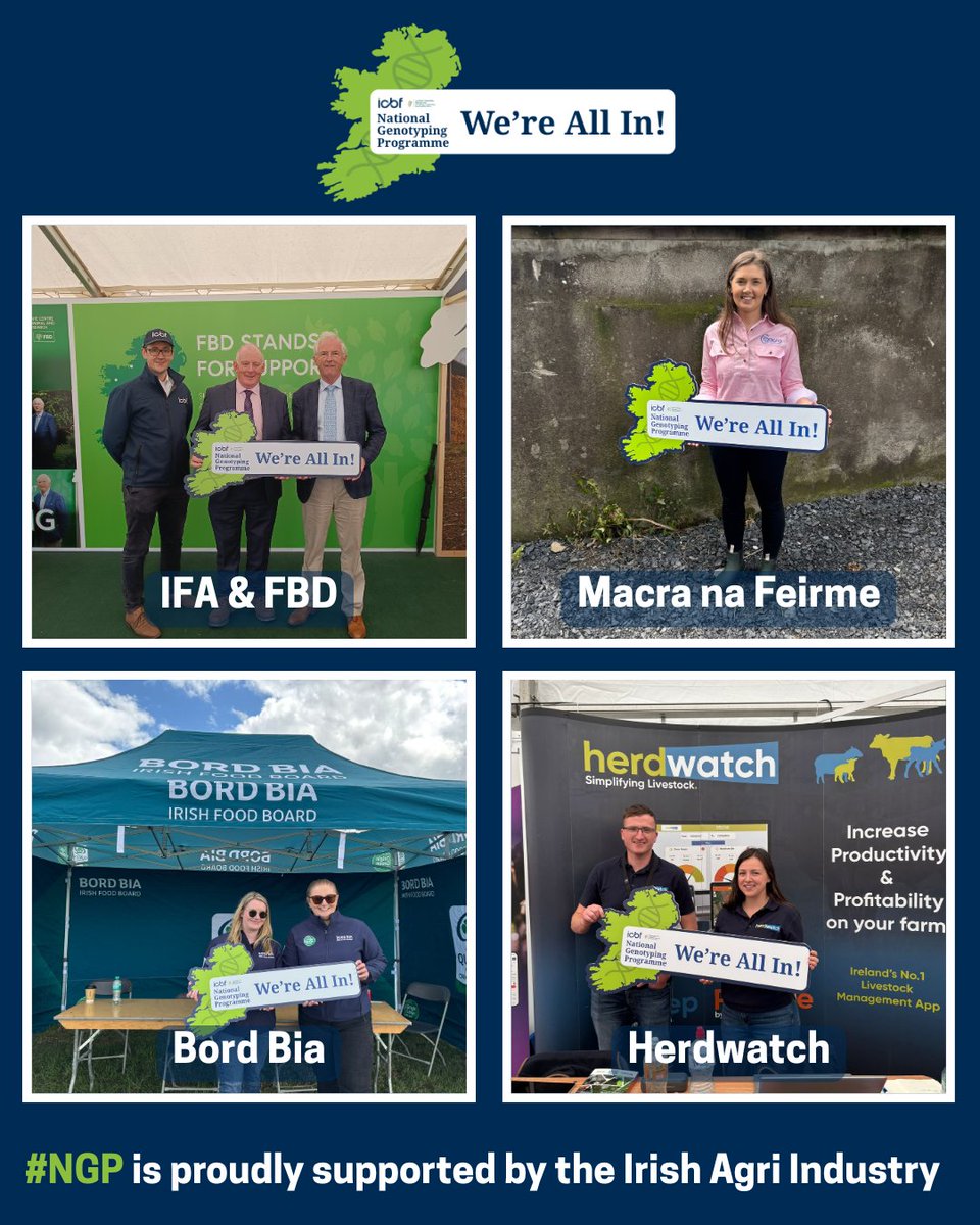 The National Genotyping Programme continues to gain industry-wide support.

Today's featured supporters:
🔹 IFA &amp; FBD
🔹 Macra na Feirme
🔹 Bord Bia
🔹 Herdwatch

A united effort across our industry to drive progress through genotyping.
#NGP #WereAllIn #Collaboration #Support