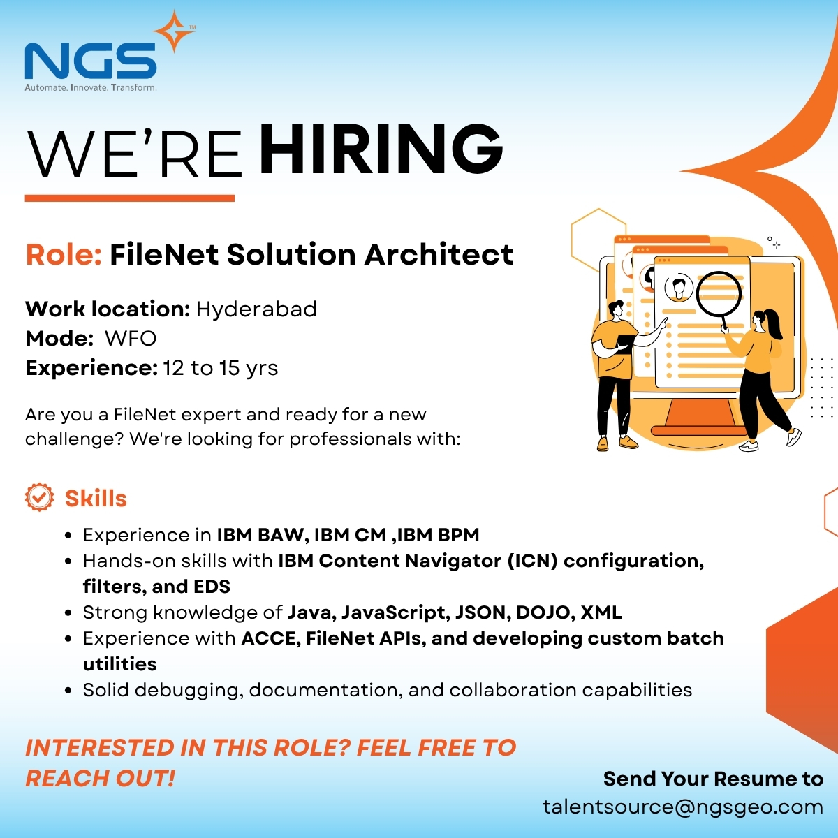 NgsitS's tweet image. We're Hiring: FileNet Solution Architect
Location: Hyderabad | Mode: Work from Office
Experience: 12 to 15 years
Are you a seasoned #FileNet expert eager to take on challenging #enterprise content management solutions?
Apply now: Send your #resume to talentsource@ngsgeo.com